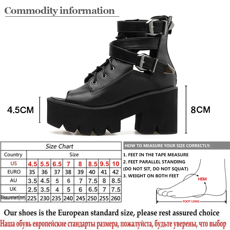 Gdgydh Open Toe Summer Boots Shoes Women Platform Shoes Ankle Buckle Strap Black Leather Female Footwear Chunky Heels Gothic