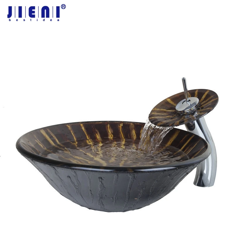 JIENI Ravine Art Style Hand Paint Round Bathroom Tempered Glass Vessel Sink With Waterfall Faucet Classic Countertop Sinks Set