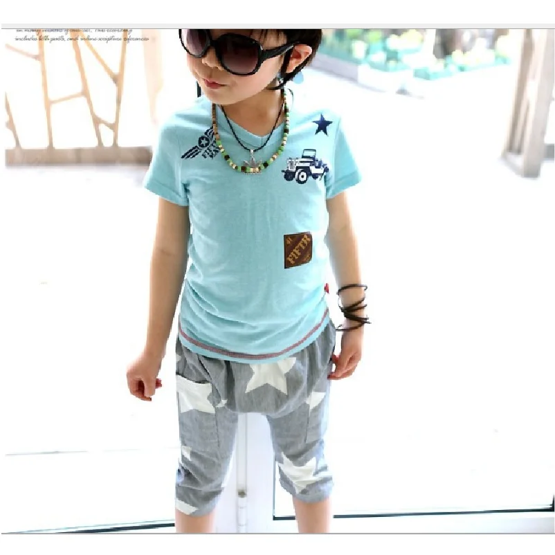 2024 Summer Boys T shirts Light Blue Solid Car Boy T-Shirts 100% Cotton Kids Tops Outfits Jersey Tee Shirt