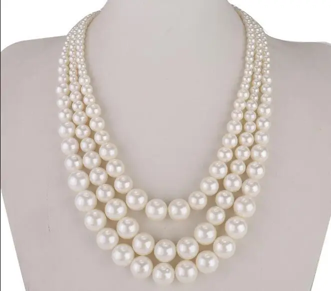 

Woman jewelry 3 rows necklace 6-12mm round bead Bright White Natural SOUTH SEA SHELL PEARL NECKLACE 18'' 45cm