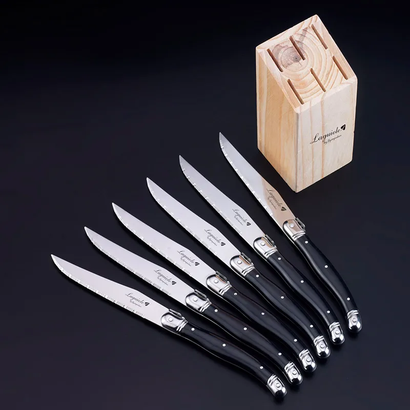 Black Stainless Steel Steak Knives Laguiole Table Dinner Knife in Wooden Box Dinnerware set Kitchen Cutlery Set 6pcs 9inch