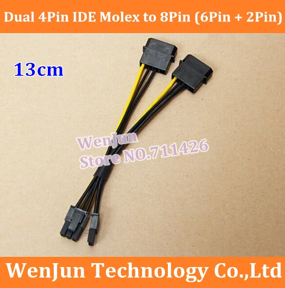 

NEW Dual 4Pin IDE Molex to PCI-E PCIe Graphics Video Display Card 8Pin ( 6Pin + 2Pin ) Power Supply Cable 18AWG Wire