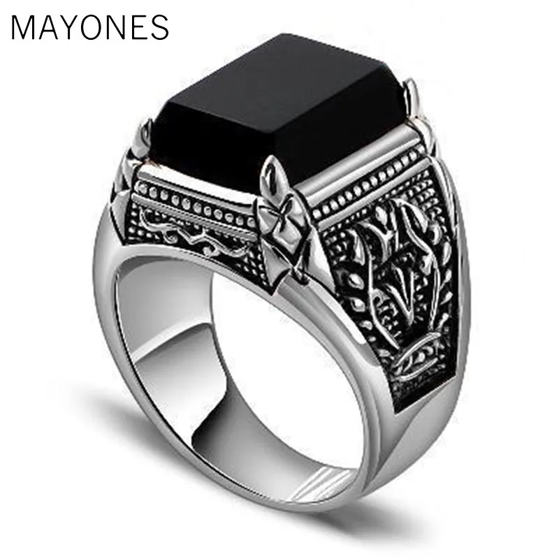 100% Real Pure 925 Sterling Silver Black Onyx Rings For Men Retro  Engraved Flower Square Natural Stone Jewelry