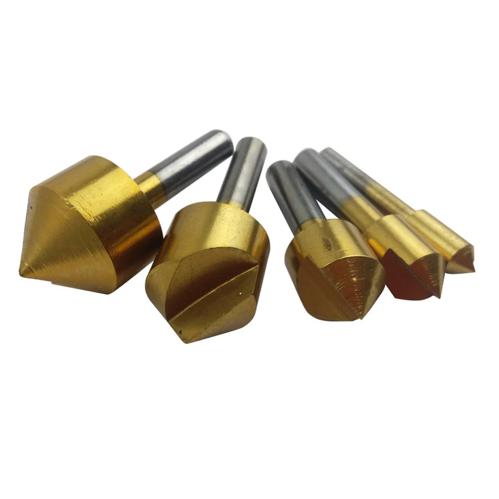 5Pcs เมตริก6มม.-19มม.ขลุ่ย90องศาขอบ Chamfer Cutter Chamfering เจาะเจาะสว่านชุด Countersink Mata Bor