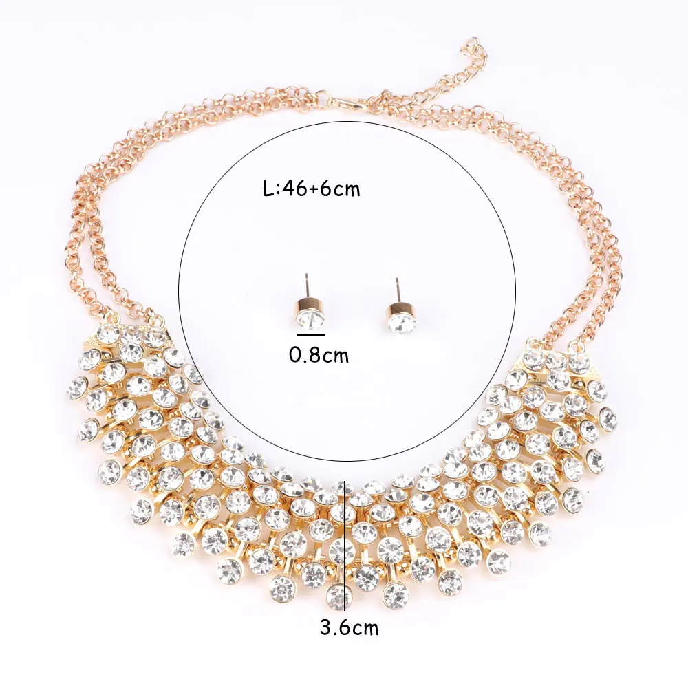 African Jewelry Sets Gold Color For Women Party Accessories Wedding Bridal Double Layers Pendant Crystal Necklace Earrings Sets