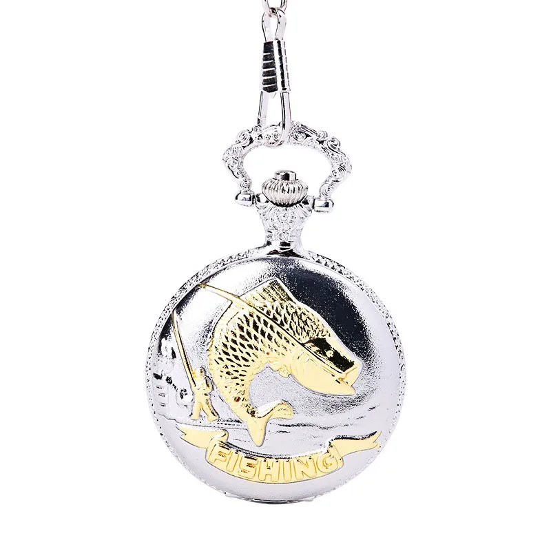 

1035 Lucky fish pocket watch silver and gold carp trend hung ornaments rich mark retro quartz pocket watch with necklace