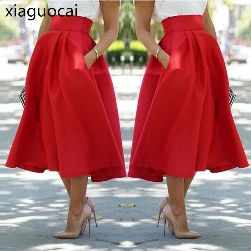 Sexy High Waist Women Skirts OL Working Pleated Solid Polyester Knee-length Hot Skirts for Womens L257 35