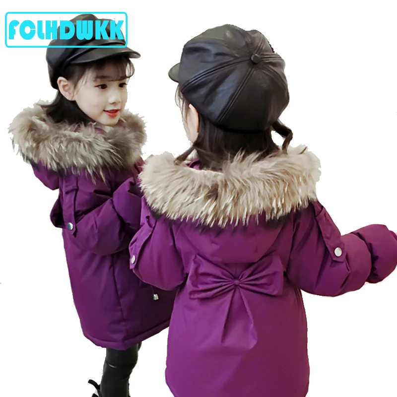 

Winter Down Cotton jackets For Girls Kids Fashion Fur Collar Hooded Girls Parka Coats Thick Warm Children Girls Jackets For 3-14