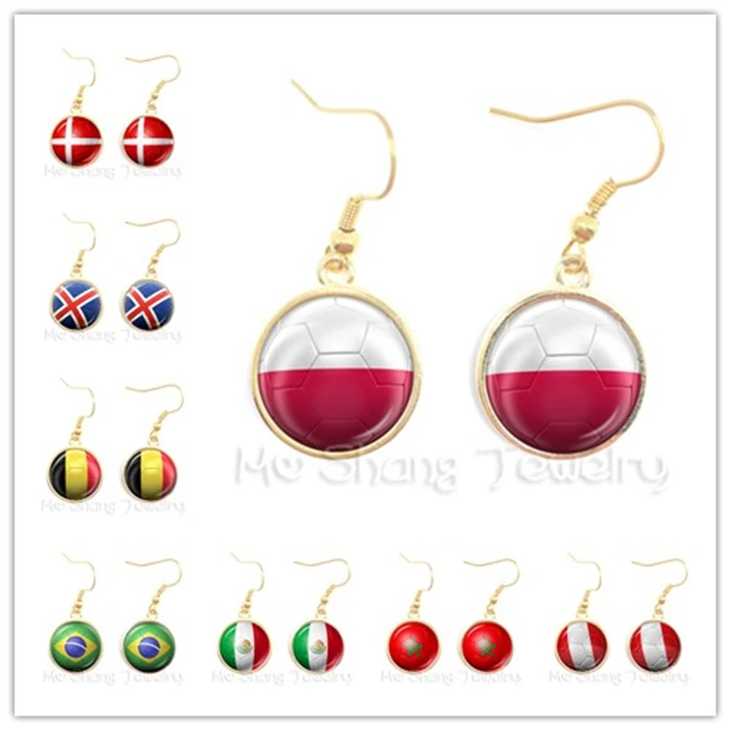 Wholesale Handmade Denmark Poland Iceland Belgium Brazil Mexico Flag Glass Cabochon Earrings Footbal Cup Fans Souvenirs Hot Sale