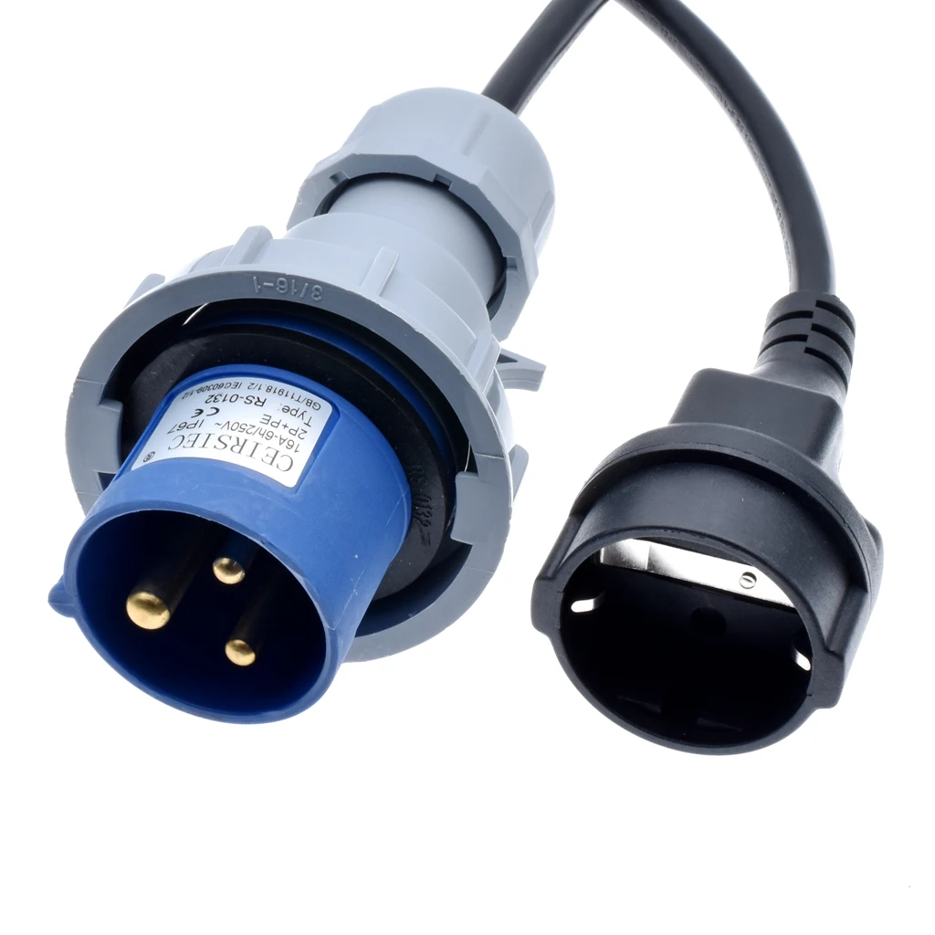 Переходник IEC 60309 316P6 на розетку Schuko CEE7/7, Подключите штекер Schuko к штепсельному шнуру питания 306C6, проводу IPX67, толщиной 1,5 мм