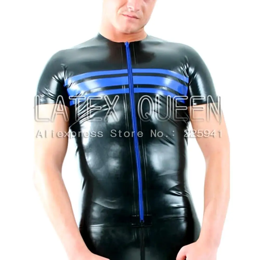 Hot sale men's tight latex T-shirt short sleeve costume with zip