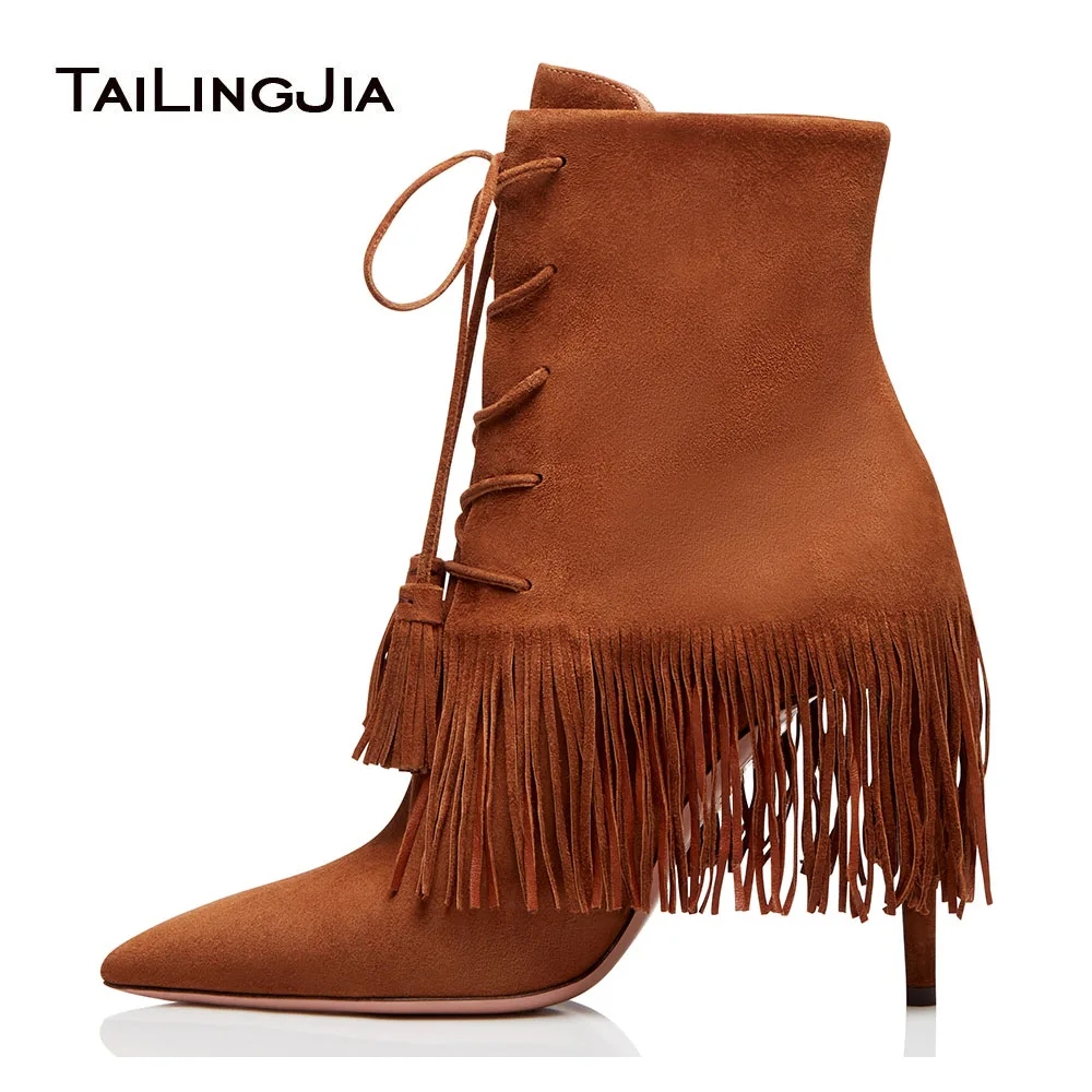 Woman Fringe Bright Brown Pointed Ankle Boots Supper Tassles High Heel Lace Up Short Boots Ladies Fashion Shoes Free Shipping