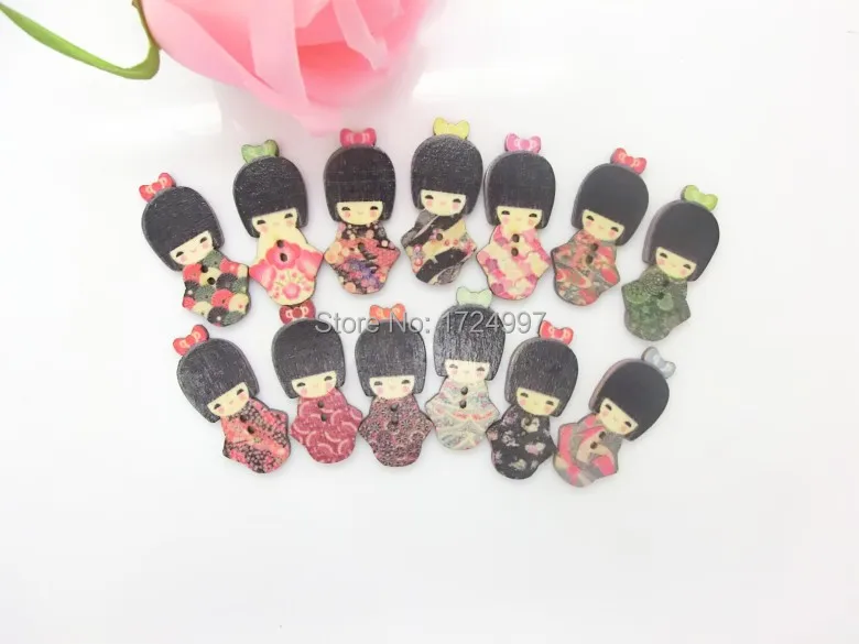 100PCs Random Mixed Lovely Japanese Kimono Doll 2 Holes Wood Painting Sewing Buttons Scrapbooking 18x40mm,B2590