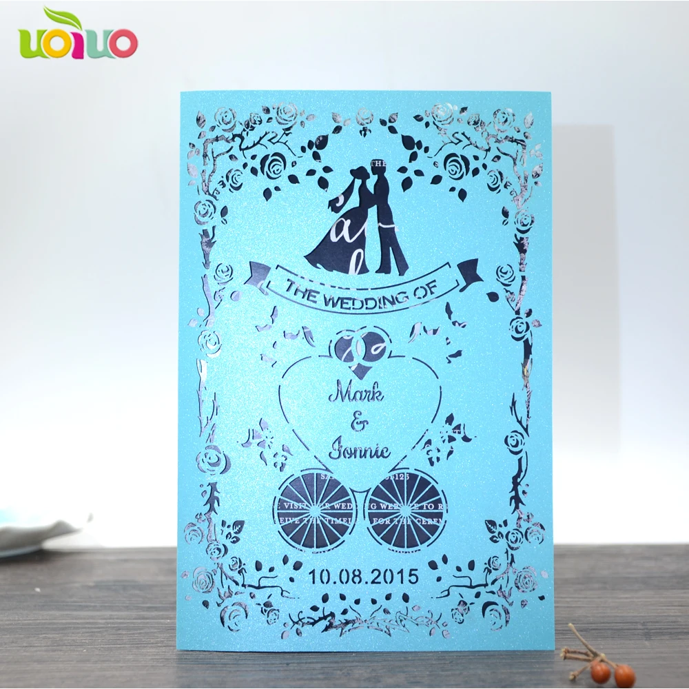 50pc China Vintage Laser Cut Wedding Invitations sky blue couple Party Elegant Luxurious invitation Card Paper with free logo