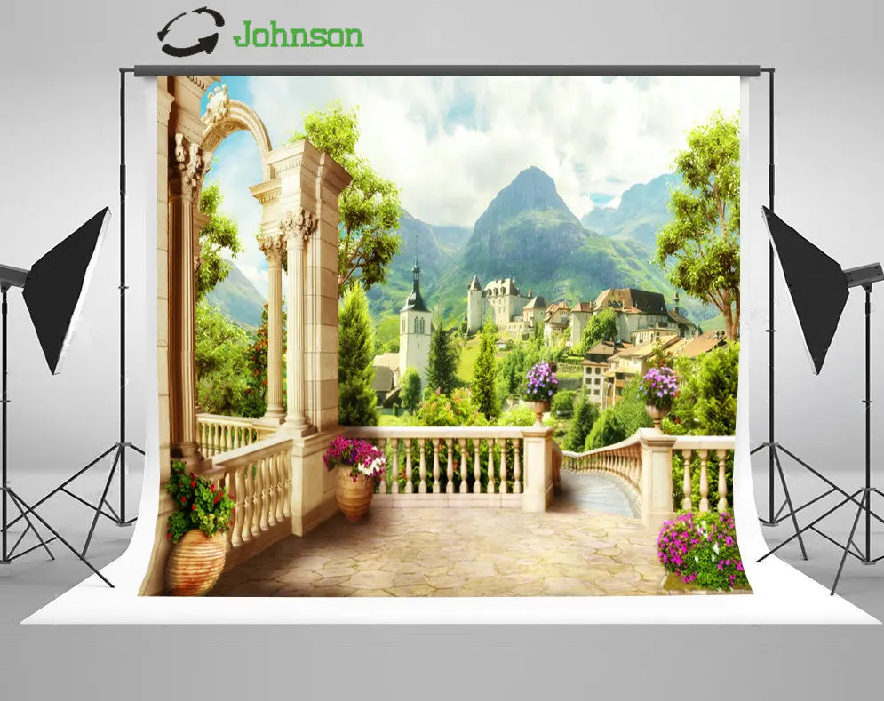 

Mountain Arch Column Village Outdoor Patio Flower Garden backdrop polyester or Vinyl cloth Computer print wedding Backgrounds