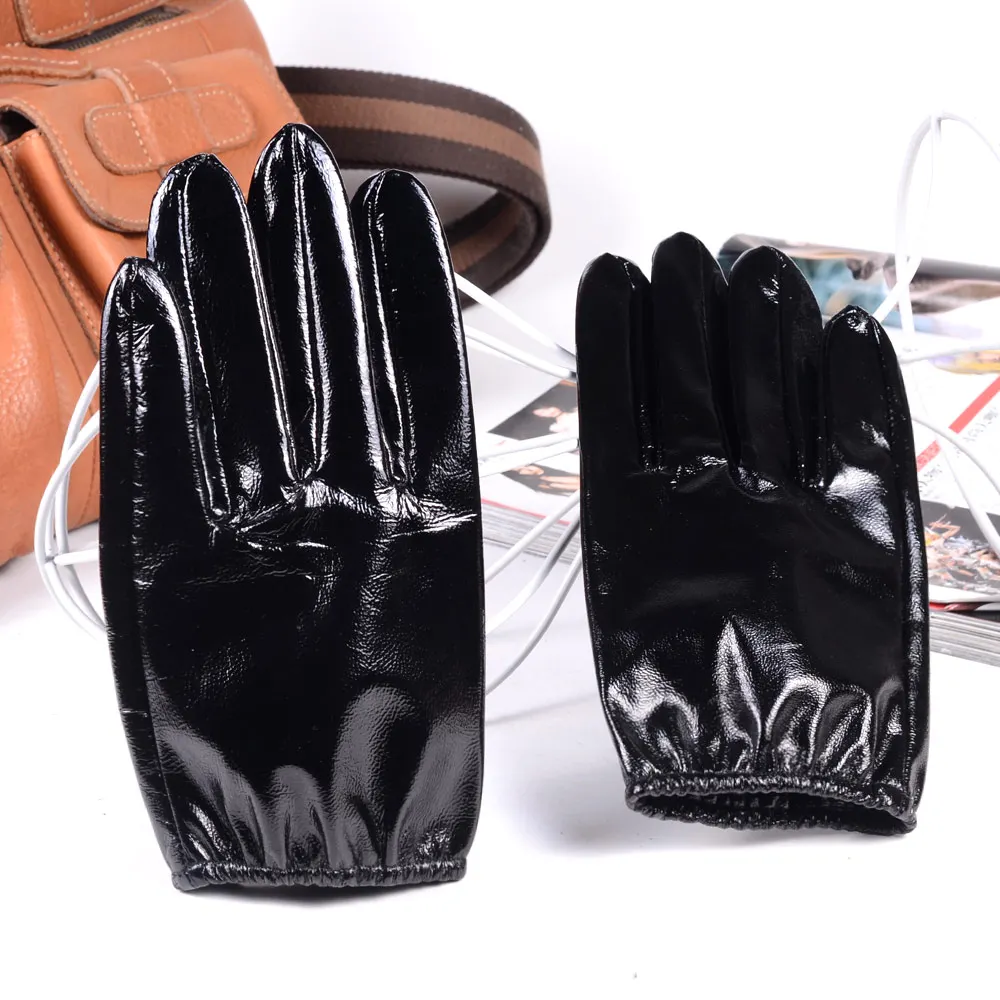 Men\'s 100% Real Leather Shiny Black Patent Leather Unlined shrink Wrist Short GLOVES