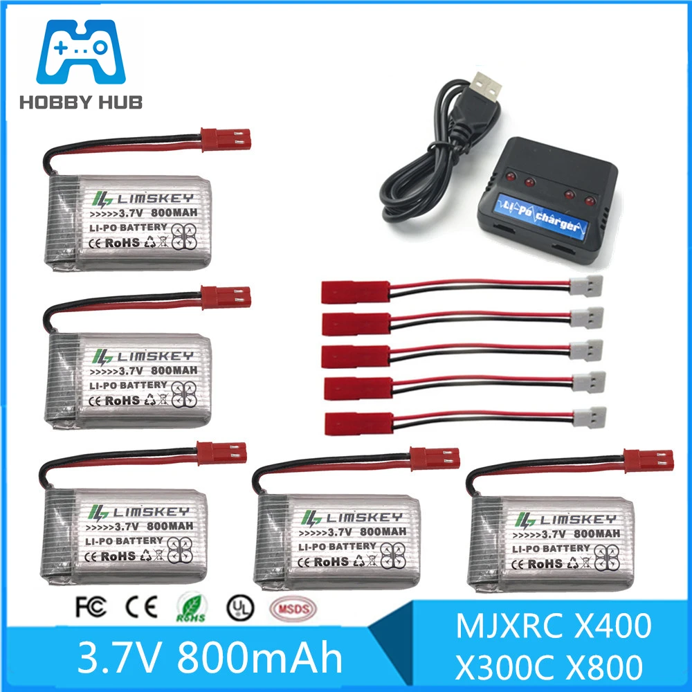 5pcs RC Drone Lipo Battery JST 902540 3.7V 800mAh Lipo 1S Battery With USB Charger Set For MJX x400 X300C X800 Quadcopter Parts