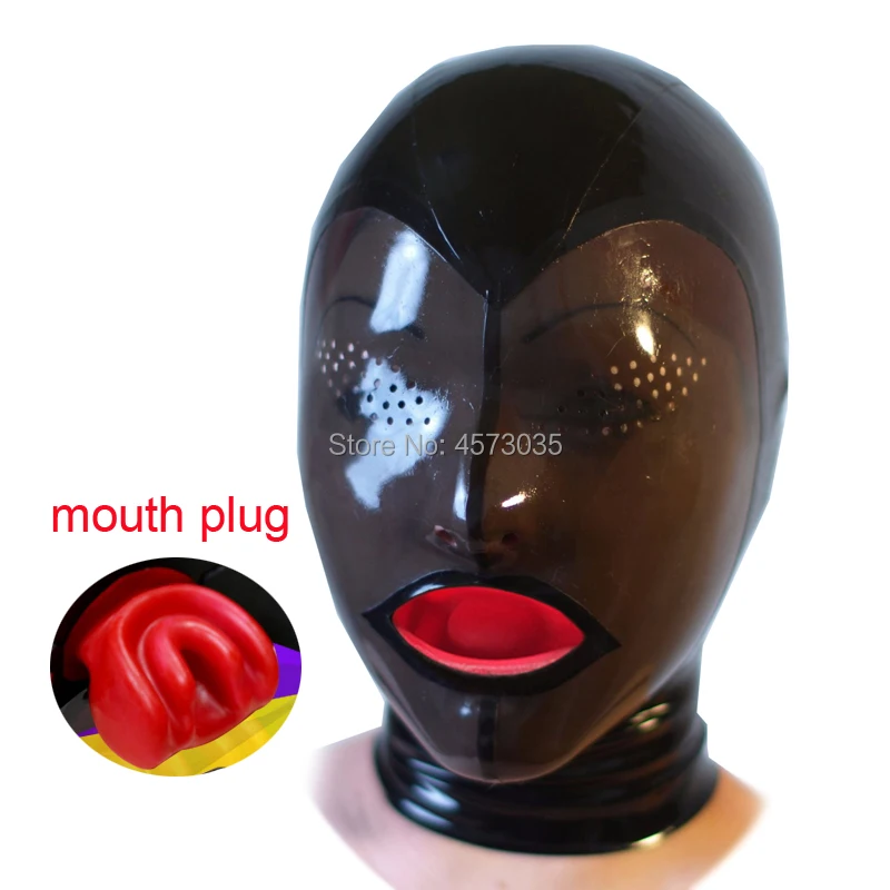 sexy exotic mysterious lingerie handmade latex smoke black face hoods mask with fly eyes holes nose tube mouth teeth gag plug