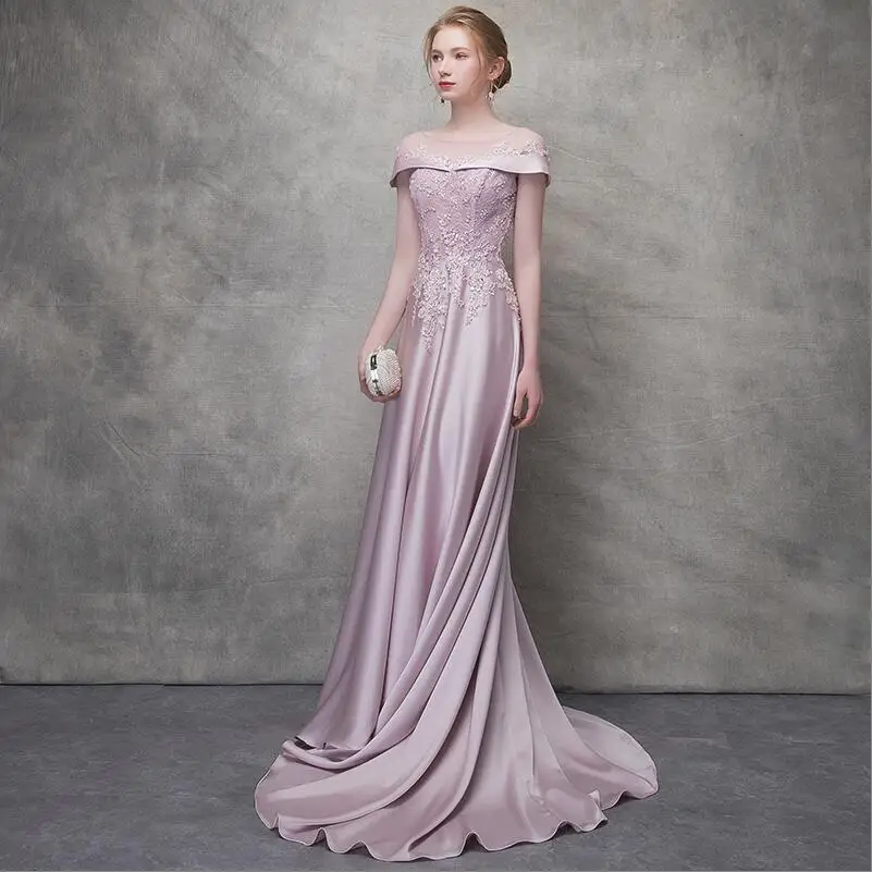 YNQNFS fuera del hombro escote barco satén rosa elegante vestido de fiesta vestido de noche vestidos de noche largos IED005