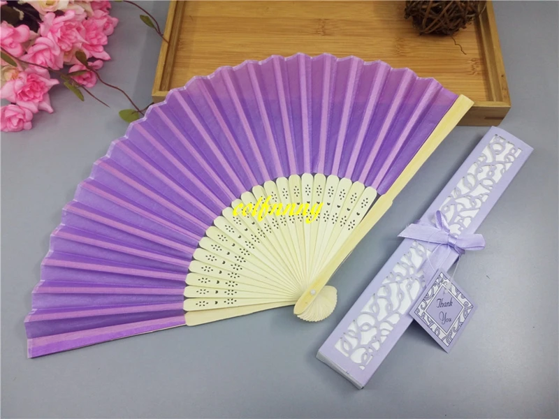 100pcs/lot Silk Fold hand Fan in Elegant With Gift Box For Party Favors wedding Gifts Can customize your logo