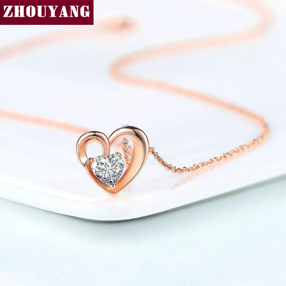 ZHOUYANG Pendant Necklace For Woman Girl Sweety Hollow Out Heart To Heart Cubic Zirconia Fashion Jewelry Party Work Gift N056