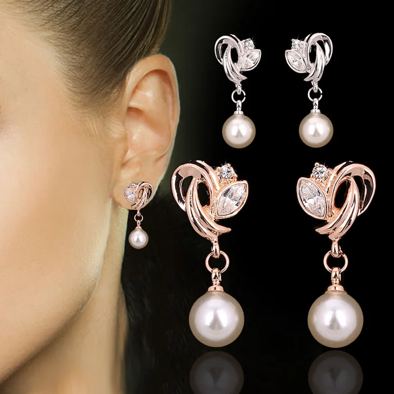 Doppio Fiera di Goccia/Ciondola Gli Orecchini di Modo Cubic Zirconia Oro Rosa/Argento Colore Simulato Branelli Della Perla Dei Monili Per Le Donne