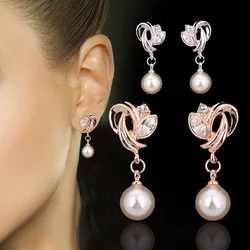 Doppio Fiera di Goccia/Ciondola Gli Orecchini di Modo Cubic Zirconia Oro Rosa/Argento Colore Simulato Branelli Della Perla Dei Monili Per Le Donne DFE166