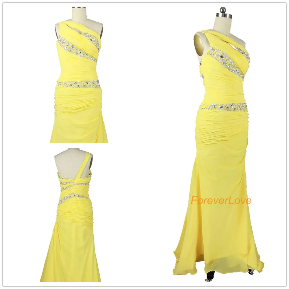 

Real Image Sexy Mermaid One Shoudler Sleeveless Beaded Chiffon Long Prom Dress Winter Formal Party Pageant Yellow Evening Dress