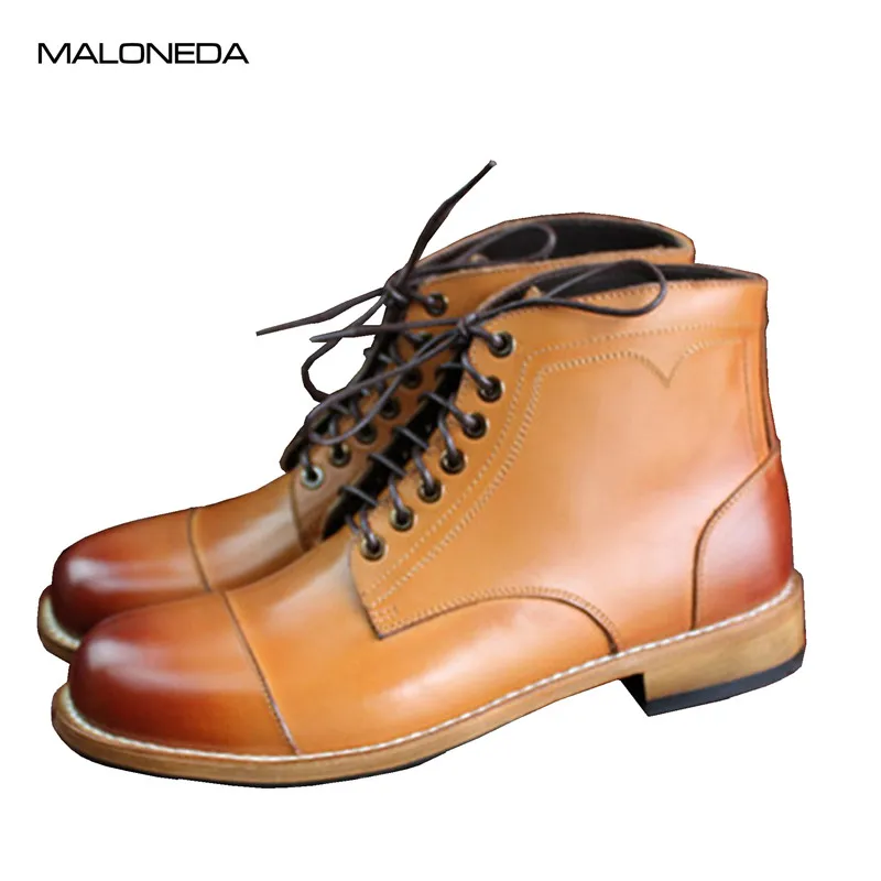 MALONEDE Bespoke Brown Color Round Toe Handmade Goodyear Lace up Men's Casual Ankle Boots Genuine Leather Drop shipping