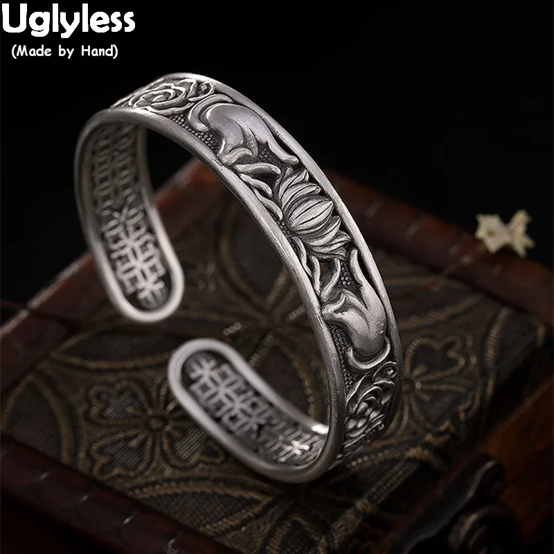 

Uglyless Buddhism Taste Buddha Hands Lotus Bangles for Women 99.9% Pure Silver Hollow Wide Bangle Adjustable Thai Silver Jewelry