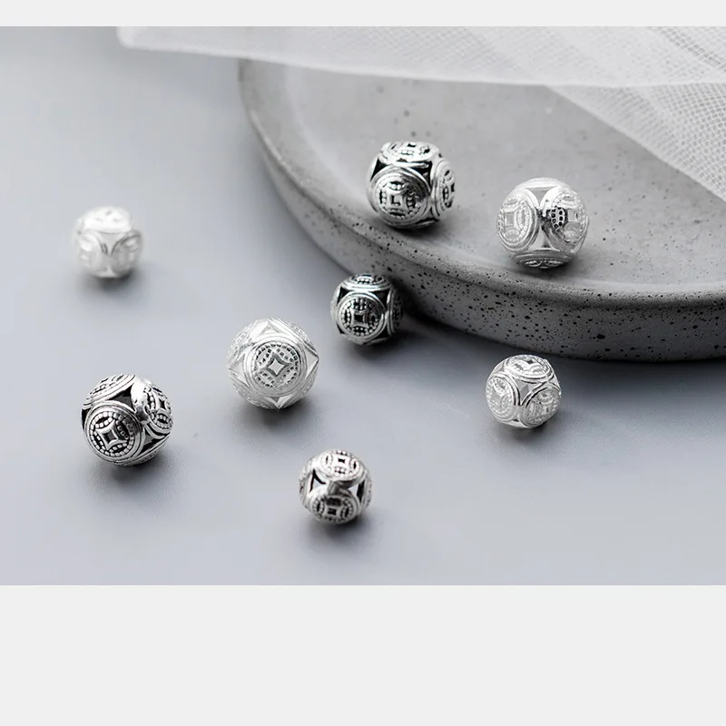 1pc100% 925 Sterling Silver Ancient Coins Charm Beads Hollow Out Spacer Craft Silver Beads DIY Bracelets Jewelry Making Findings