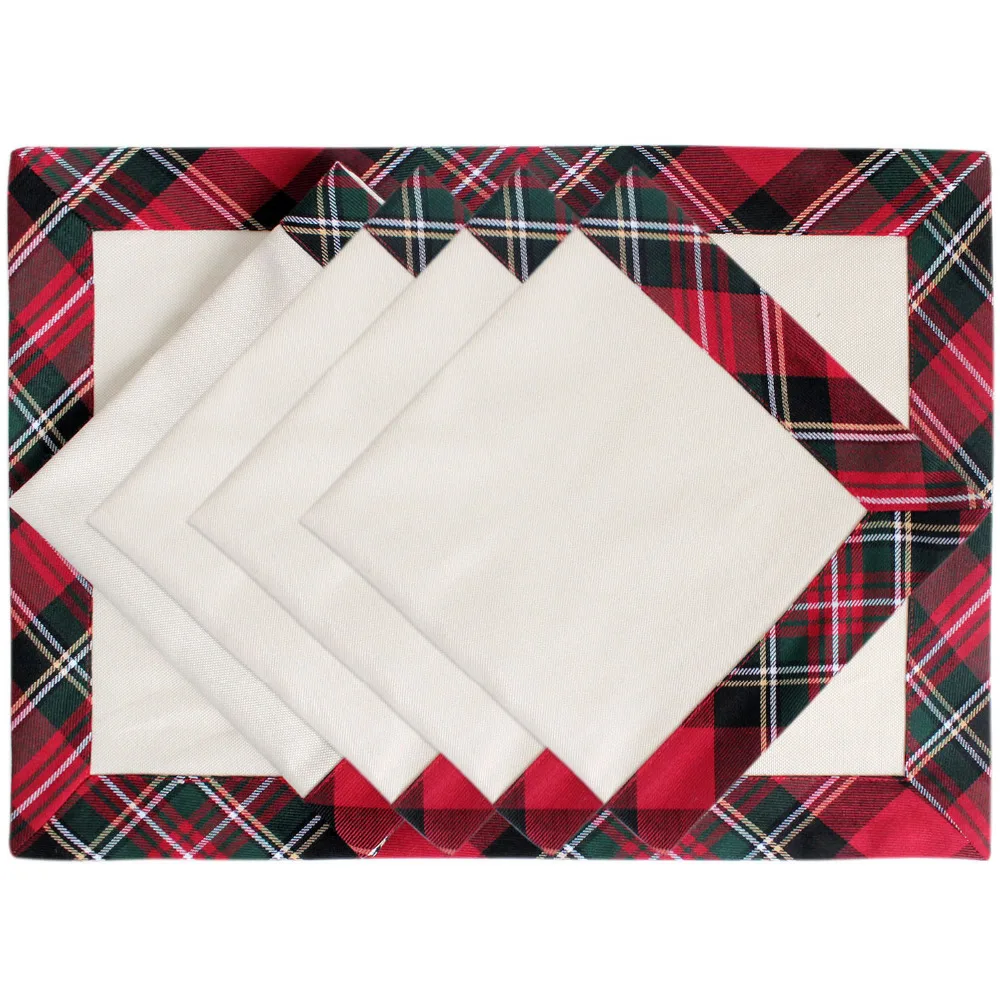 

Set of 4pcs Table Placemat with 4pcs Table Napkin Canvas with Plaid Border Table Set GIFT SET