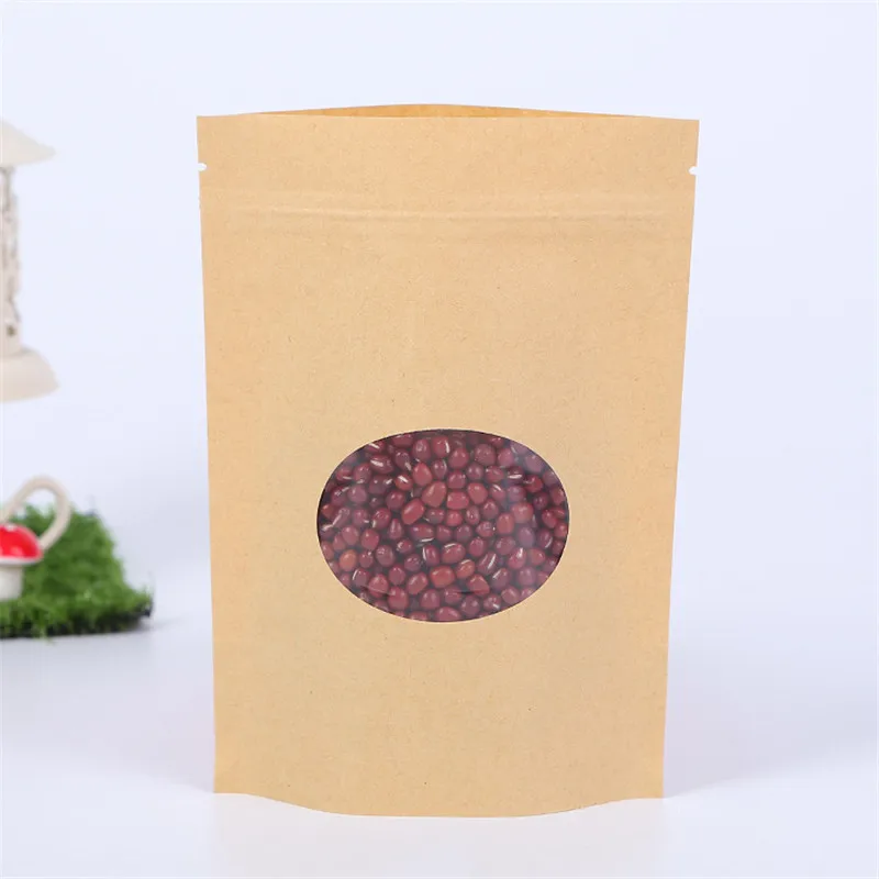 1000Pcs Kraft Paper Bags Stand-up Reusable Sealing Food Zip Lock Pouches With Ellipse Window And Tear Notch For Storing Cookie