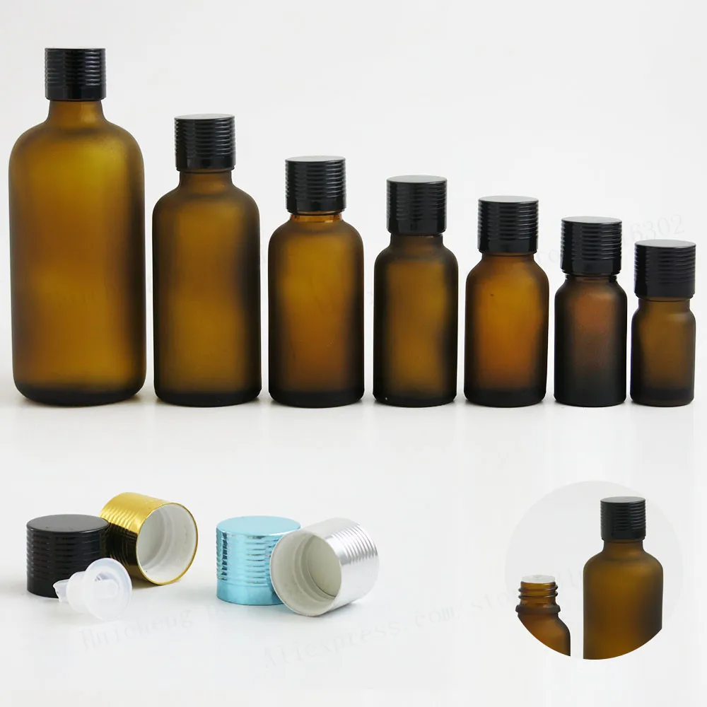 200 x Frost Amber Glass Essential Oil Bottles Container Packaging With Reducer Aluminum Lids 100ml 50ml 30ml 20ml 15ml 10ml 5ml