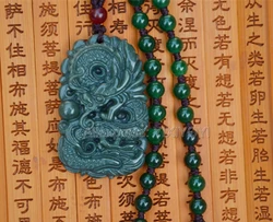 Chinese Handwork Natural Dark Green HeTian Jade Carved Retro Dragon Lucky Amulet Pendant Beads Necklace Certificate Fine Jewelry