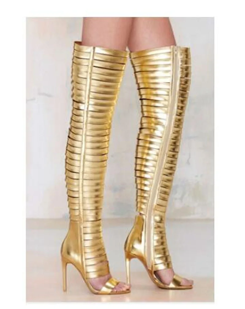 

Western Style Women Fashion Open Toe Strap Combined Over Knee Gold Black Gladiator Boots Sexy Long Slim Style High Heel Boots