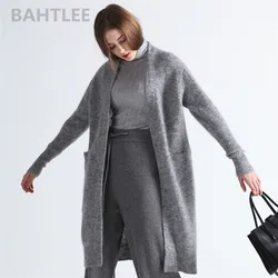 Bahtlee-ポケット付きの女性用モヘアカーディガンセーター、Vネック、ニット、単色、長袖、ウールコート、カジュアル、怠惰なスタイル