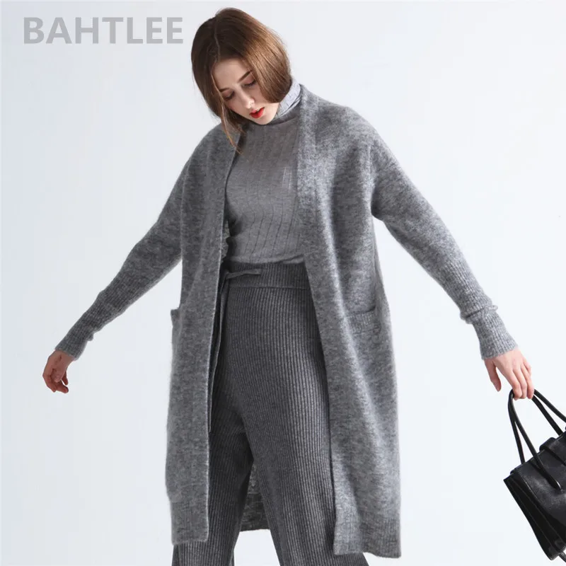 BAHTLEE-Women's Mohair Cardigan Sweater with Pocket, V-Neck, Knitted, Monochromatic, Long Sleeves, Wool Coat, Casual, Lazy Style