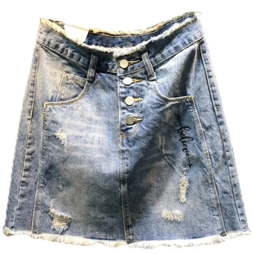 2023 summer new fashion hole letter single breasted printed high waist package hip denim skirt a-line jeans skirt