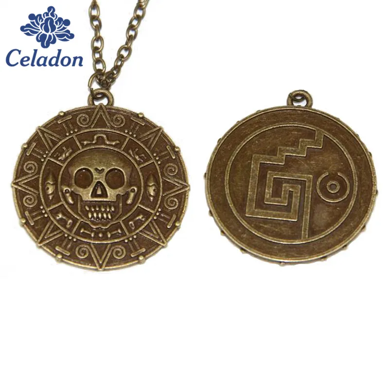 Wholesale 1pcs Pirates Of The Caribbean Necklace Jack Sparrow Aztec Coin Medallion Vintage Gold Bronze Pendant