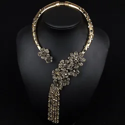 Indian Vintage Statement Open Choker Necklace Women Fashion Crystal Flowers Tassel Pendants Retro Large Collar Necklace Jewelry