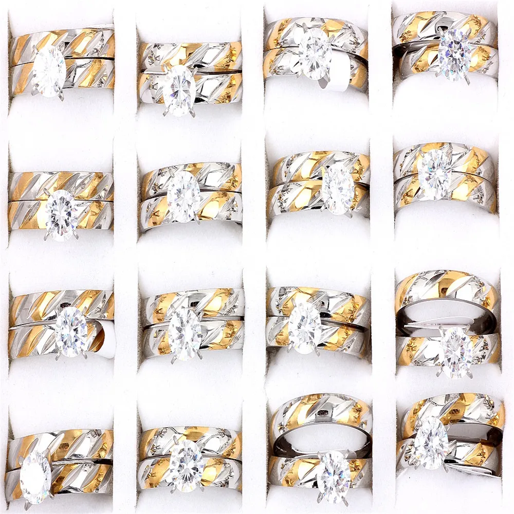 Wholesale 10set/Lot Cubic Zircon Stainless Steel Men Women Couple Ring Wedding Engagement Gift Fashion Jewelry