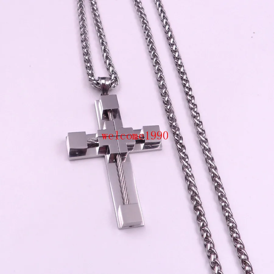 Men's Highly Polished Stainless Steel Big Cross Pendant and 4MM  Link Chain Necklace 24 inch