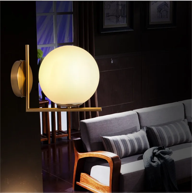 

Modern minimalist wall light Nordic bedroom study bedside corridor wrought iron plated glass ball LED wall lamp