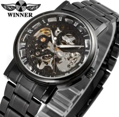 

Fashion Winner Top Brand Skeleton Alloy Case Full Black Stainless Steel Army Sports Relogio Gift For Man Watches