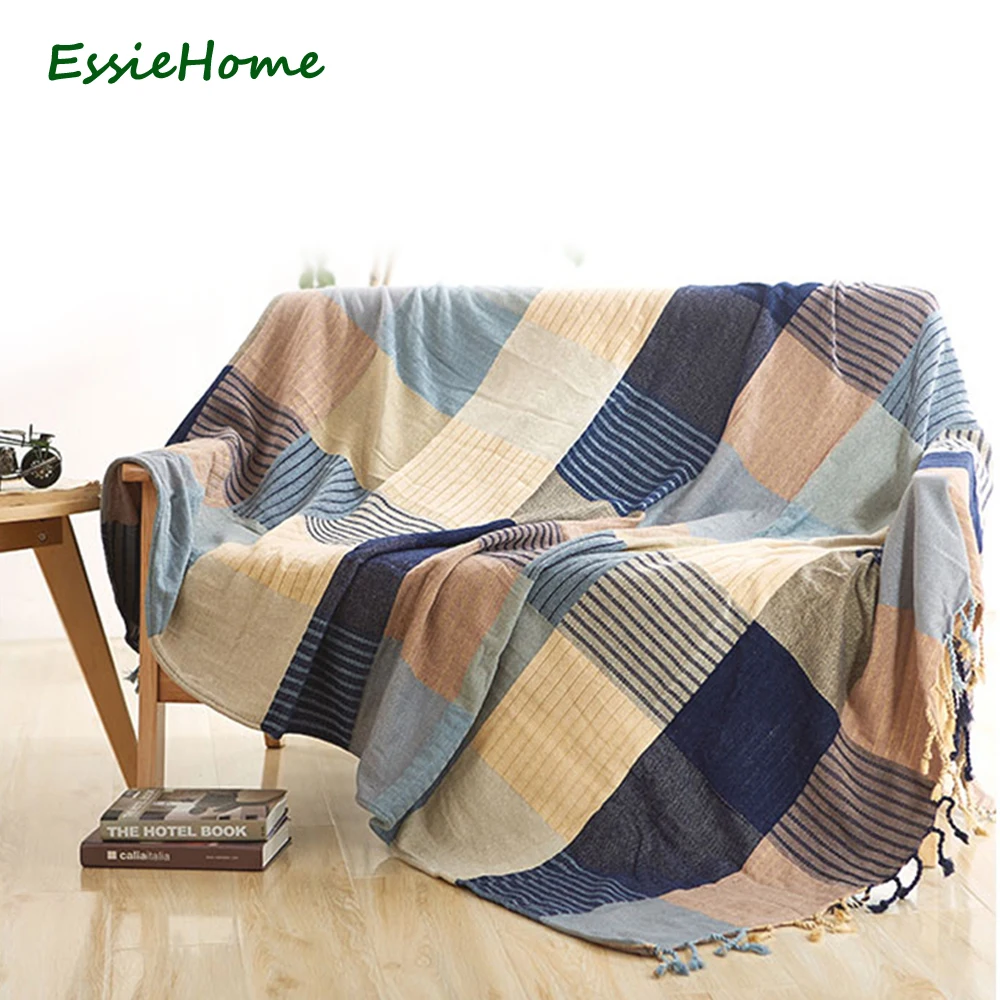 

ESSIE HOME Sofa Tassel Blanket Chenille Plaid Blue Beige Bohemia Sofa Living Room Bedroom Rug Bedspread Table Cloth Tapestry