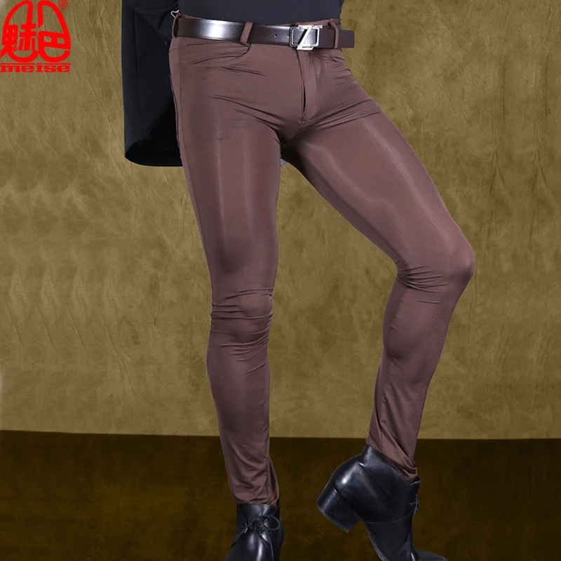 

Sexy Men Transparent Pants Ice Silk See Through Elastic Tight Trousers Silky Pencil Pants Erotic Lingerie Club Gay Wear F90