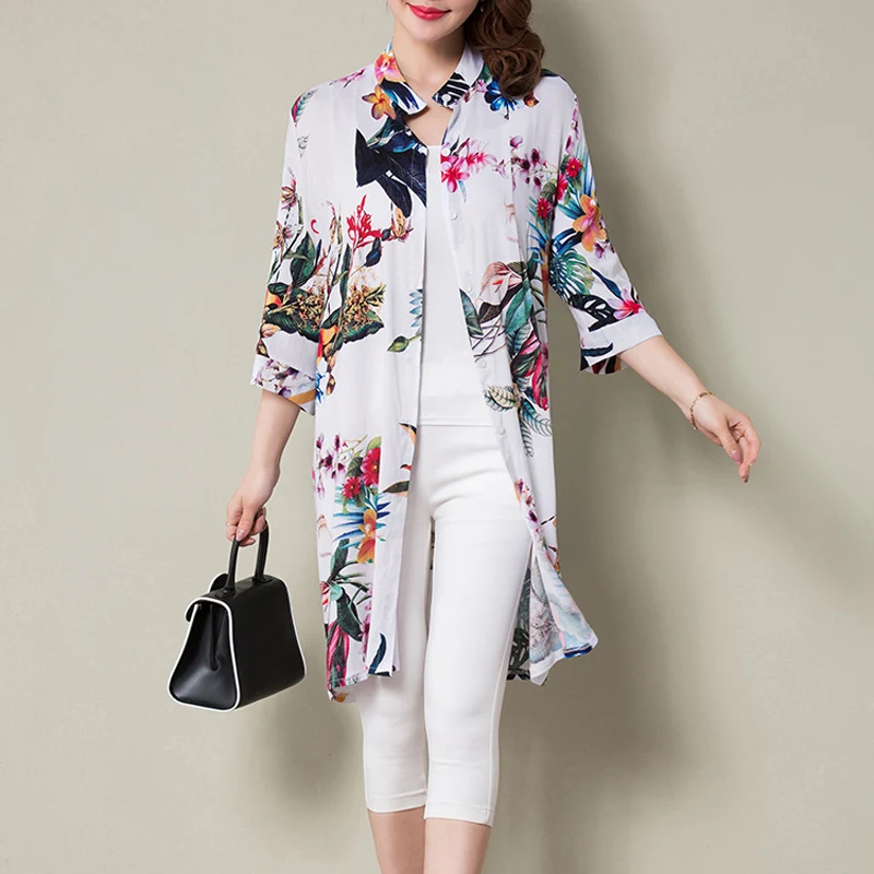 2021 New women summer long blouses print vintage blouse shirt plus size women floral half sleeve blusas kimono