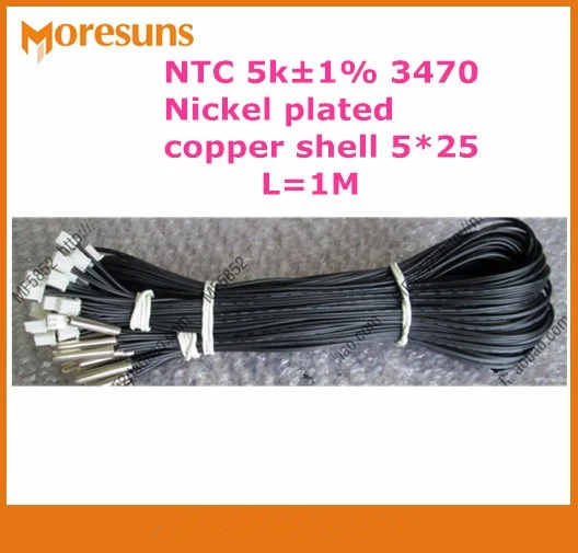 10pcs NTC temperature sensor with nickel plated copper shell 5*25 5K 1% 3470 L=1M NTC Sensor