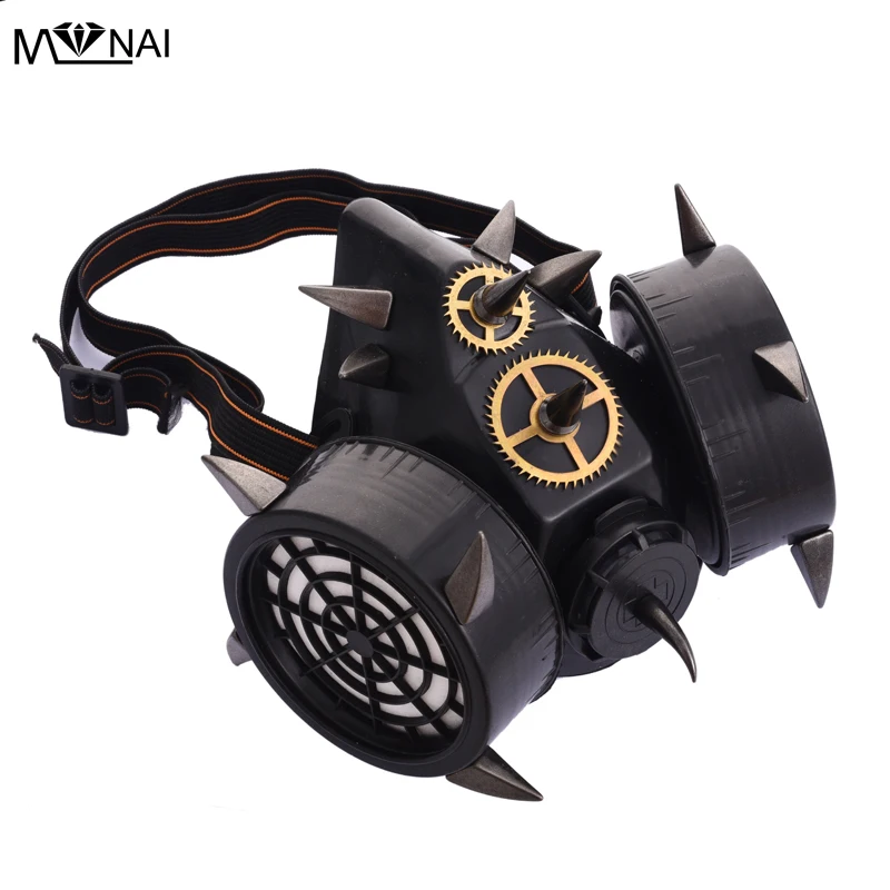 Black Devil Horns Rivets Mask Respirator Cyber Goth Cosplay Spikes Masks For Party Halloween Accessories